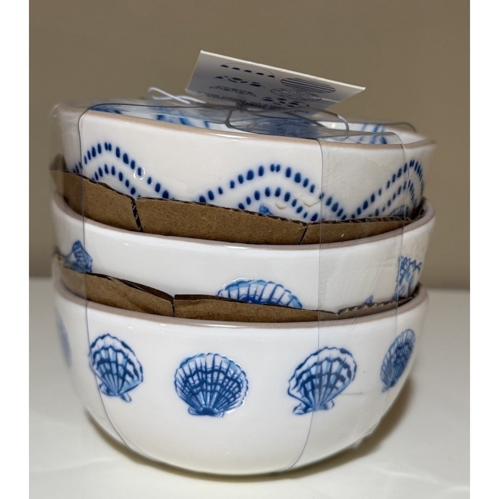 3 - Prima Design Coastal Nautical Shell Ceramic Cereal Soup Bowl Set 5" NEW!